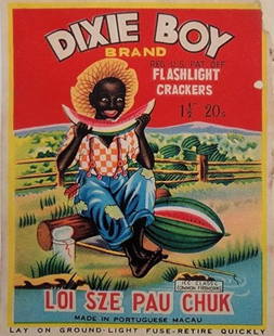C.1930's Black Americana Loi Sze Firework Advertising: 1930's Black americana Loi Sze Firework Company advertising label under the Dixie Boy brand for export to the USA. It pictures a barefoot African American Negro boy eating watermelon. He has a straw h
