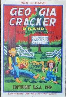 C.1940's Americana Chinese Firework Advertising: 1949 Americana firework label under the Geo'gia Cracker brand for export to the USA from Macau or Guangdong, China. It pictures two barefoot "hillbilly" youth in straw hats and denim overalls,