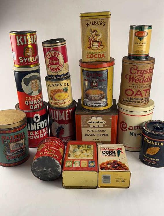 Collection of vintage tins with advertising: An assortment of vintage and antique tins some with lithography advertising. Condition: As shown, none mint. Dimensions: Black pepper: H 7" x 7" square