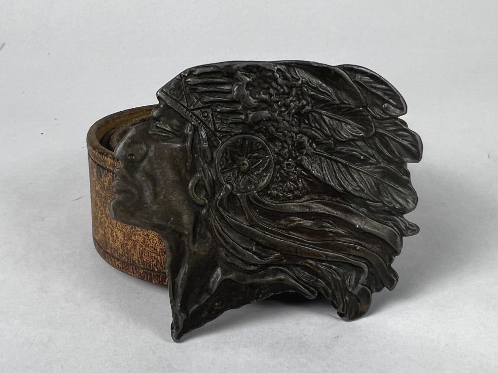 Brass belt buckle- Indian Chief: Nice vintage brass buckle and belt. Condition: Used, as shown. Dimensions: Buckle: H 3" x W 3.25" Belt: L 42"