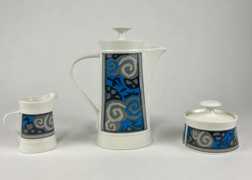 Mid-Century Sangry Coffee/Cocoa Set: Sango, Quadrille Japan. Including pot, covered sugar and creamer. Dimensions: Pot: H 8" x Dia: 4" Condition: Minor signs of handling and age.