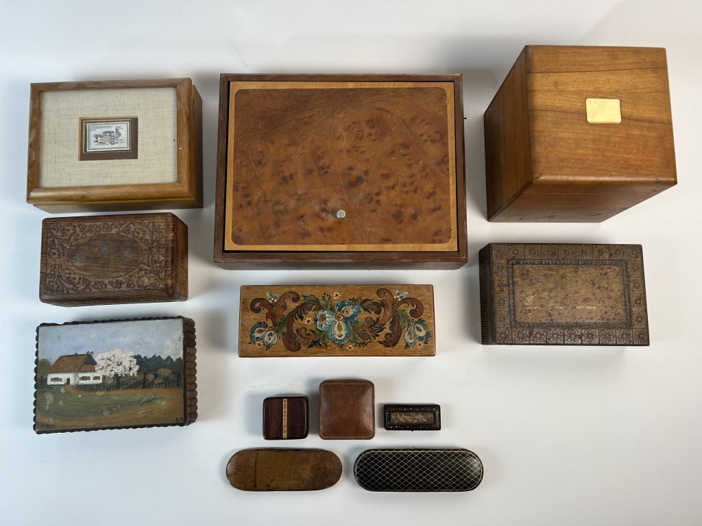 Grouping of antique boxes, mostly wooden: (12) boxes, mostly antique and vintage including wooden, humidor, glasses case has glasses inside, rectangular box has balls for some type of game, handpainted box with inscription from 1916 in German