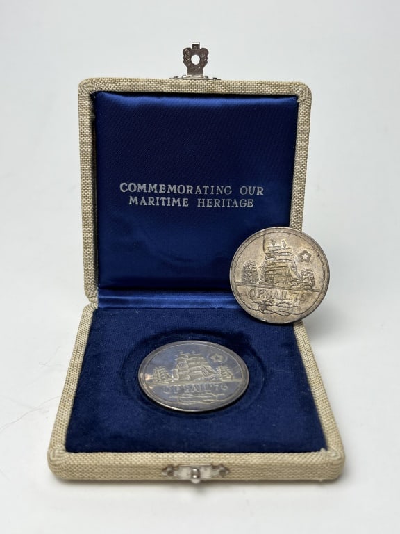(2) OP Sail '76 Silver Coins: Commemorating our Maritime Heritage. (2) one ounce coins, sterling silver.