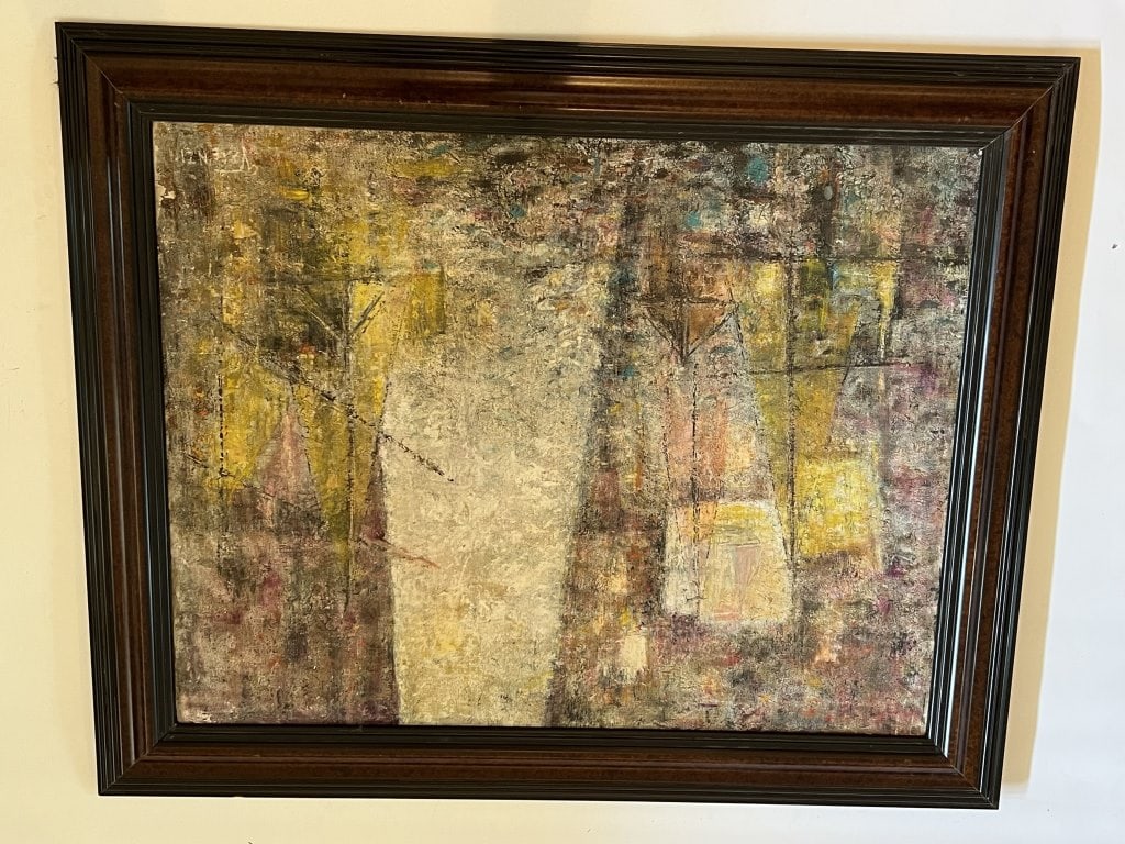 Giorgio Valenzin (Italian) O/C: Oil on canvas, vintage Ca. 1950-1960. with art show label to back and signed lower right.Dimensions: H 35" x W 43" Condition: Some loss to bottom right, some nicks to frame. 190