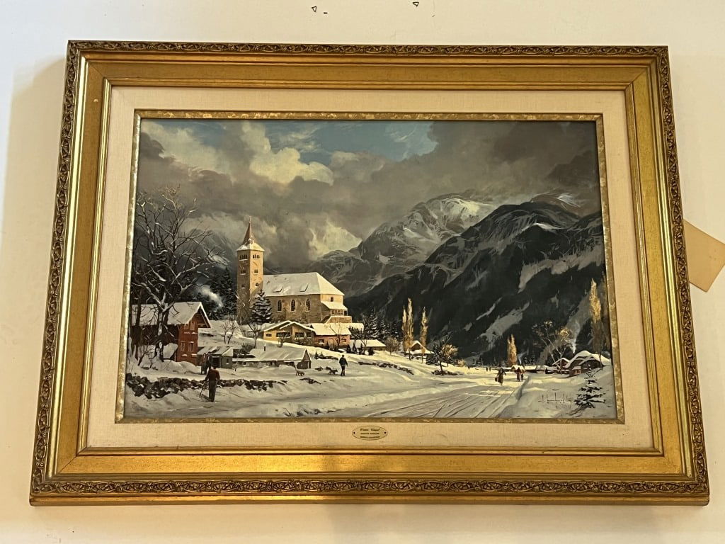 Thomas Kinkade highlighted Lithograph w COA: "Winter Chapel" Additionally highlighted llitho, numered 84/3950. Includes Certificate of Authenticity. Dimensions: H 26.75" x W 35.5" Condition: Presenting nicely. 192