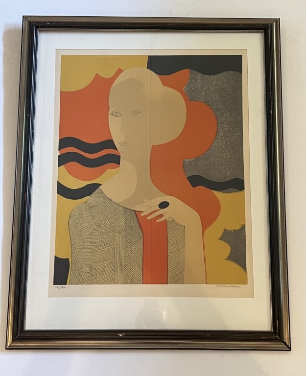 Signed Andre Minaux lithograph: Woman and Foliage, pencil signed and numered 112/120. Dimensions: H 39" x W 30.5" Condition: Some nicks to the frame, normal signs of age. 93
