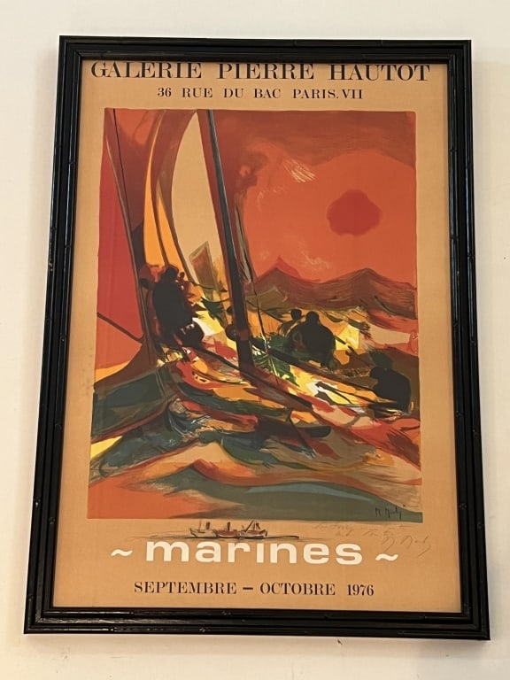 Marcel Mouly signed french poster: Galerie Pierre Hautot french exhibition poster, 1976. Pencil signed and marked up with a small drawing at bottom. Dimensions: H 30.5" x W 21.5" Condition: Presenting nicely. 31