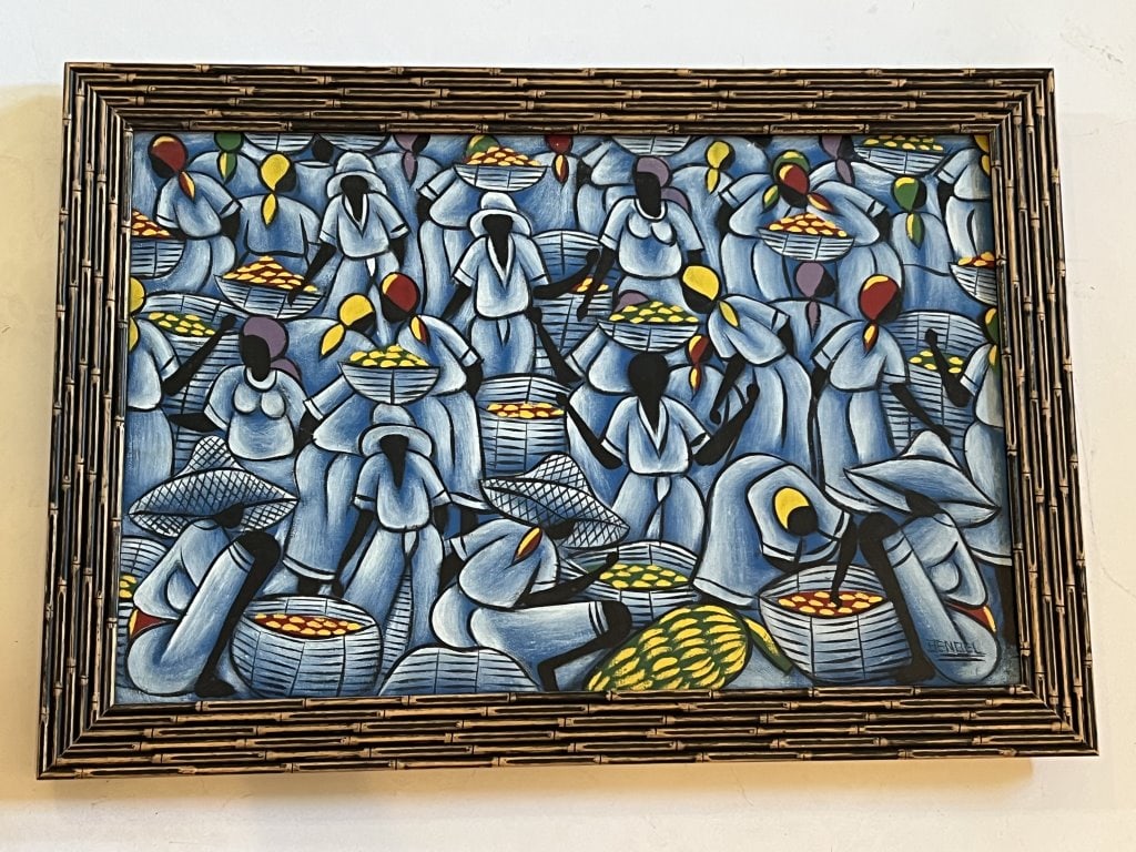 Signed vintage Haitian Art: Oil on canvas, Haiti. Women in the marketplace, blue hues. Signed illegibily Bendel?. Dimensions: H 19.5" x W 28" Condition: Presenting nicely, interesting frame. 104