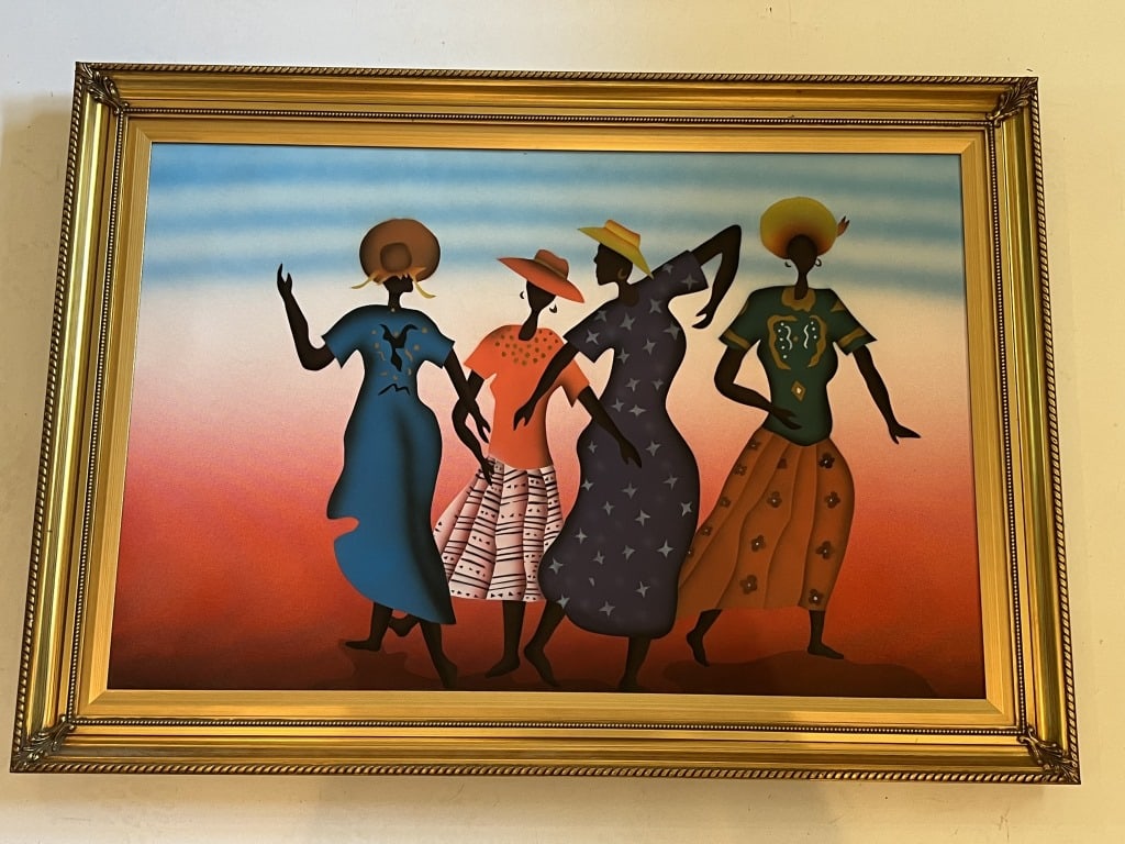 Large Haitian art: Airbrushed, vintage. Dimensions: H 30" x W 42" Condition: Presenting nicely, minor signs of age. 110