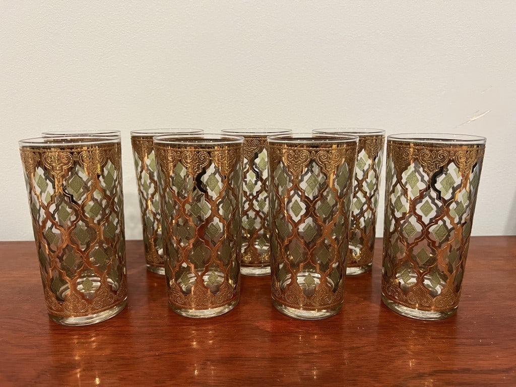 (8) Mid-Century gold and green bar glasses: Dimensions: H 5.5" x Dia: 3" Condition: Well kept.