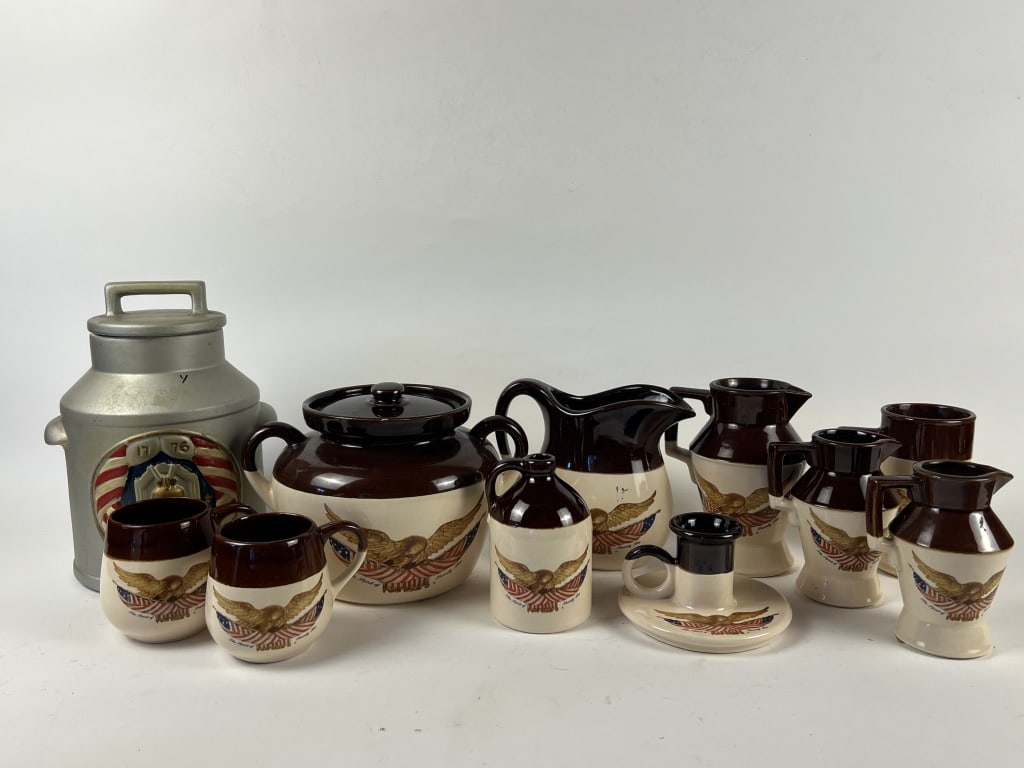 Spirit of 76 and Bicentennial Americana McCoy grou: Dimensions: Cookie jar: H 10.5" x Dia: 8" Condition: ONly moinor chips and losses to transferware.