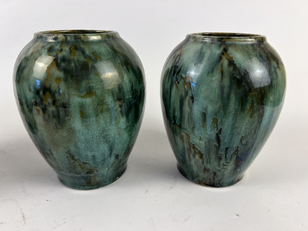 Pair of Brush McCoy green onyx vases: Unmarked, Dimensions: H 6.5" x Dia: 5" Condition: No issues to note.