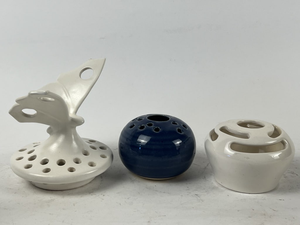 (3) American pottery flower frogs: Dimensions: Butterfly: H 5" x W 6" Condition: Only minor signs of age.