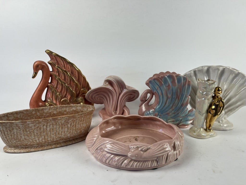 Florida pinks- American art pottery grouping: Robinson Ransbottom, USA Swan wall pocket with gold, Camark? flying fish dish, Royal Haeger swam vase, Gonder gladiola vasae, floral shape, gold nude bid vase. Dimensions: White: H 8" x W 12" Conditio