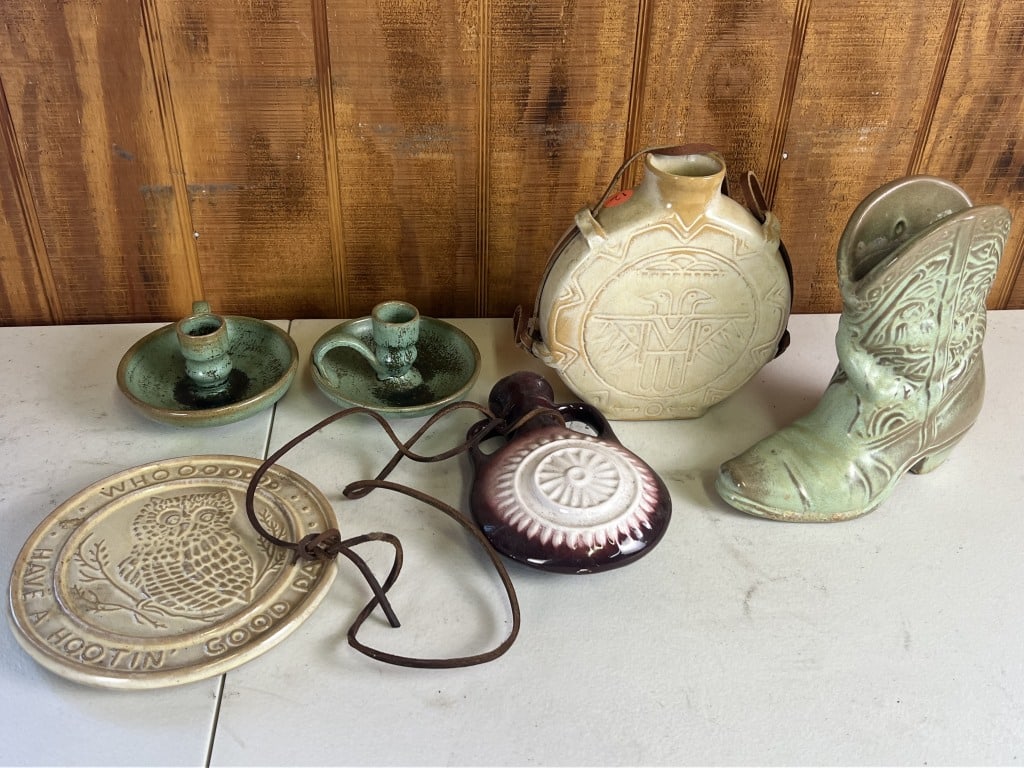 Frankoma pottery incl flasks, owl and boot: Dimensions: Boot: 7" x 7" Condition: boot used, others dirty but presenting well.