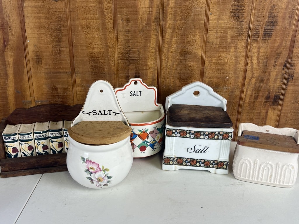 Salt cellars and spice jars: Dimensions: H 7.5" x W 5" Condition: All dirty and with crazing, some signs of age. Spice jars with some chips.