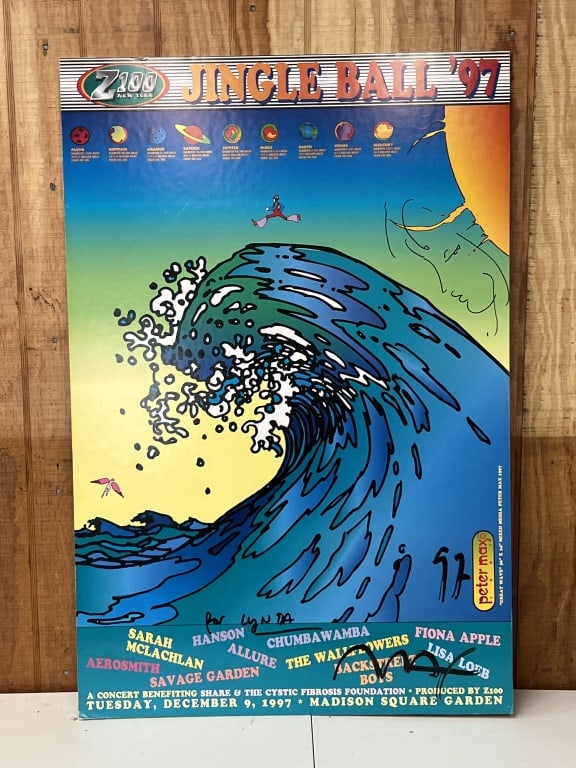 Peter Max Jingle Ball 97 signed poster: Z100 Jingle Ball 1997. signed by Peter Max and someone else. Dimensions: 24" x 36"
