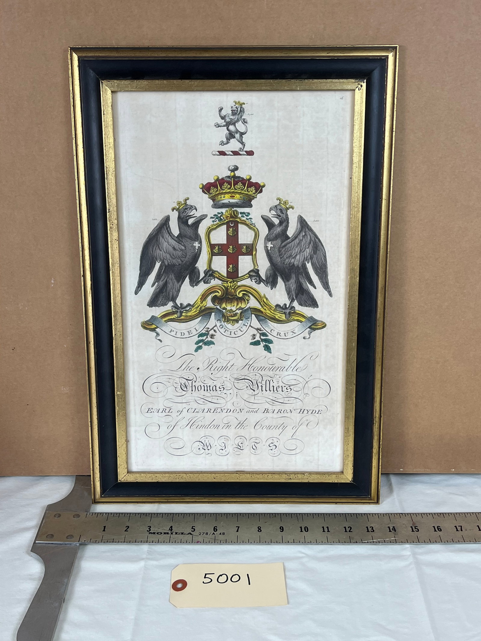 Antique Coat of Arms: Hand tinted, on paper. Some foxing and bleed from cardboard backing.