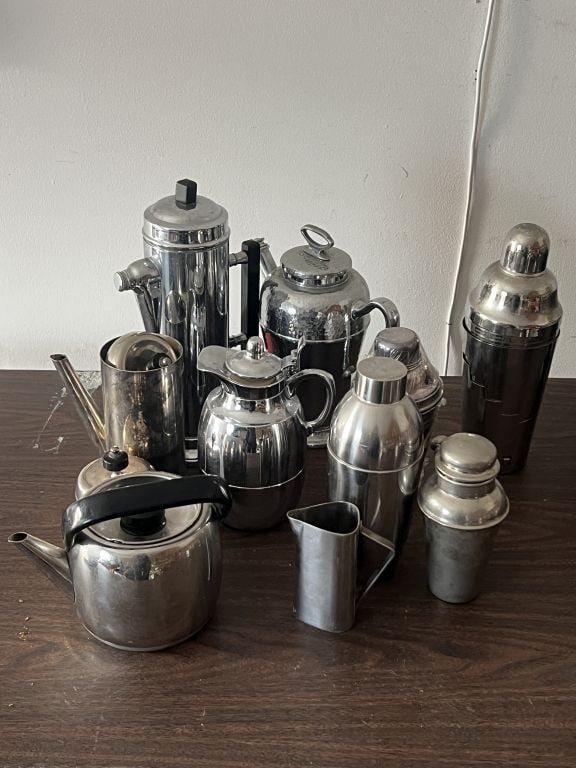 Vintage serving items- Bar- Coffee: Barware, coffee including cocktail shakers, small Danish creamer, etc.