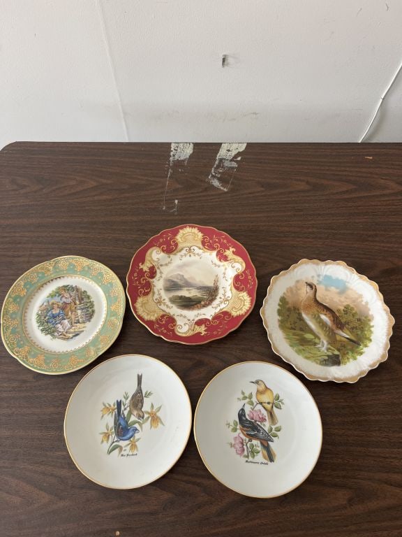(5) Antique porcelain plates- scenic and birds: Lanscapes, birds, scenic. Germany, Copeland, etc. Dimensions: Dia: 9" Condition: Minor surface marks.