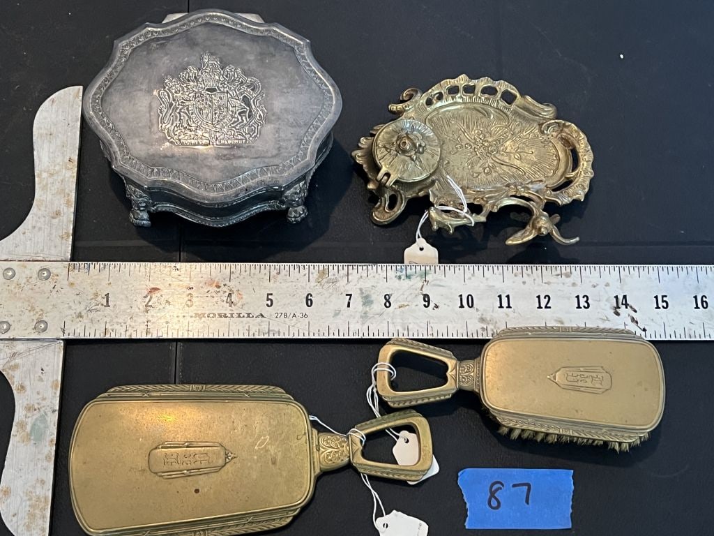 Antique brass ink well, vintage box and brass hand mirror, etc (1 of 9)