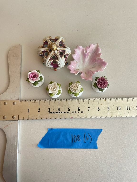Bone china flowers, porcelain crown flower frog: Pretty grouping of vintage porcelain. Normal used condition