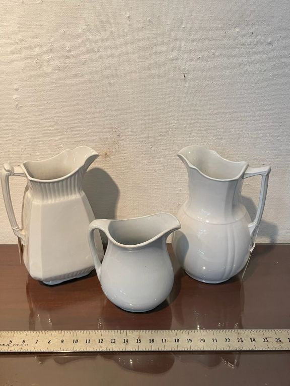 (3) Ironstone pitchers: One with repair crack (pictured). All with makers marks.