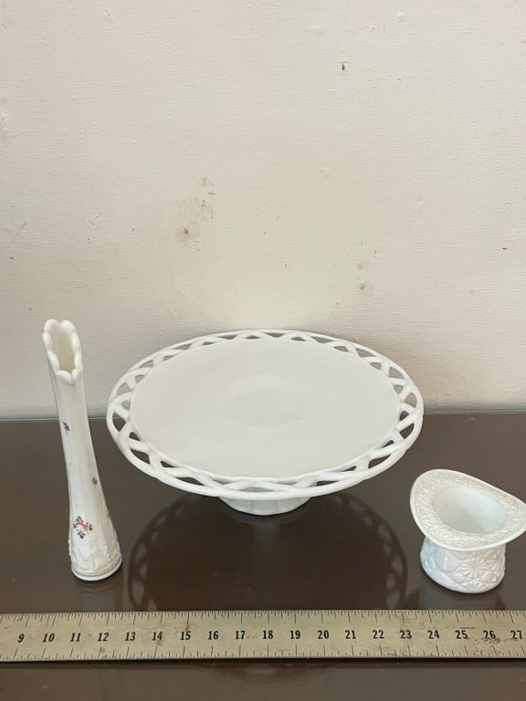 Milk glass grouping: Hat, large cake platter and vase.