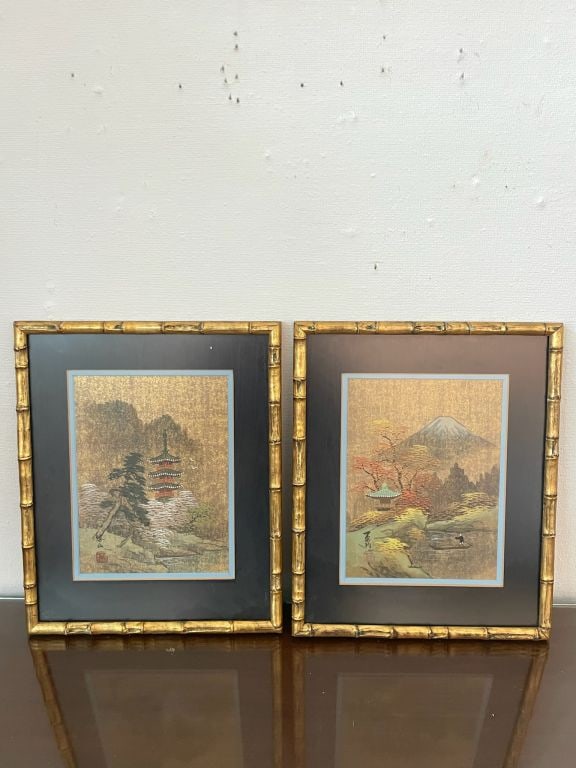 Pair of Chinese Chinoserie prints in gold bamboo frames: Pagoda oriental garden.
