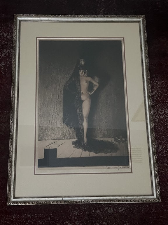 Louis Icart (French/American 1800-1950) Nude in the Shadows: Handcolored aquatint/etching. Pencil signed and numbered 211/500. Dimensions: Frame: 30" x 21.5" Presenting well. Low Estimate: 200.00 High Estimate: 400.00