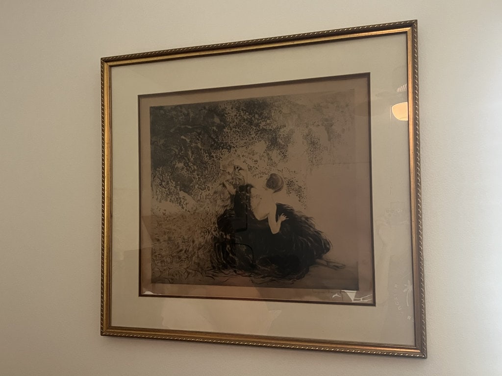 Louis Icart (French/American 1800-1950) Peacock: Handcolored aquatint/etching. Pencil signed and numbered 115/150 Dimensions : Frame: 28" x 31" Losses to corners, age coloration. Low Estimate: 200.00 High Estimate: 400.00