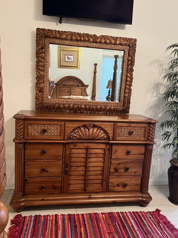 Tommy Bahama Style Palm Dresser with Mirror: Chest of drawers with mirror. Made in Indonesia Label, Tommy Bahama or Bombay style with rattan and palm design. Dimensions: Dresser: H 42.5" x L 64" x D 19" Mirror: L 48" x H 38" Only minor marks. L