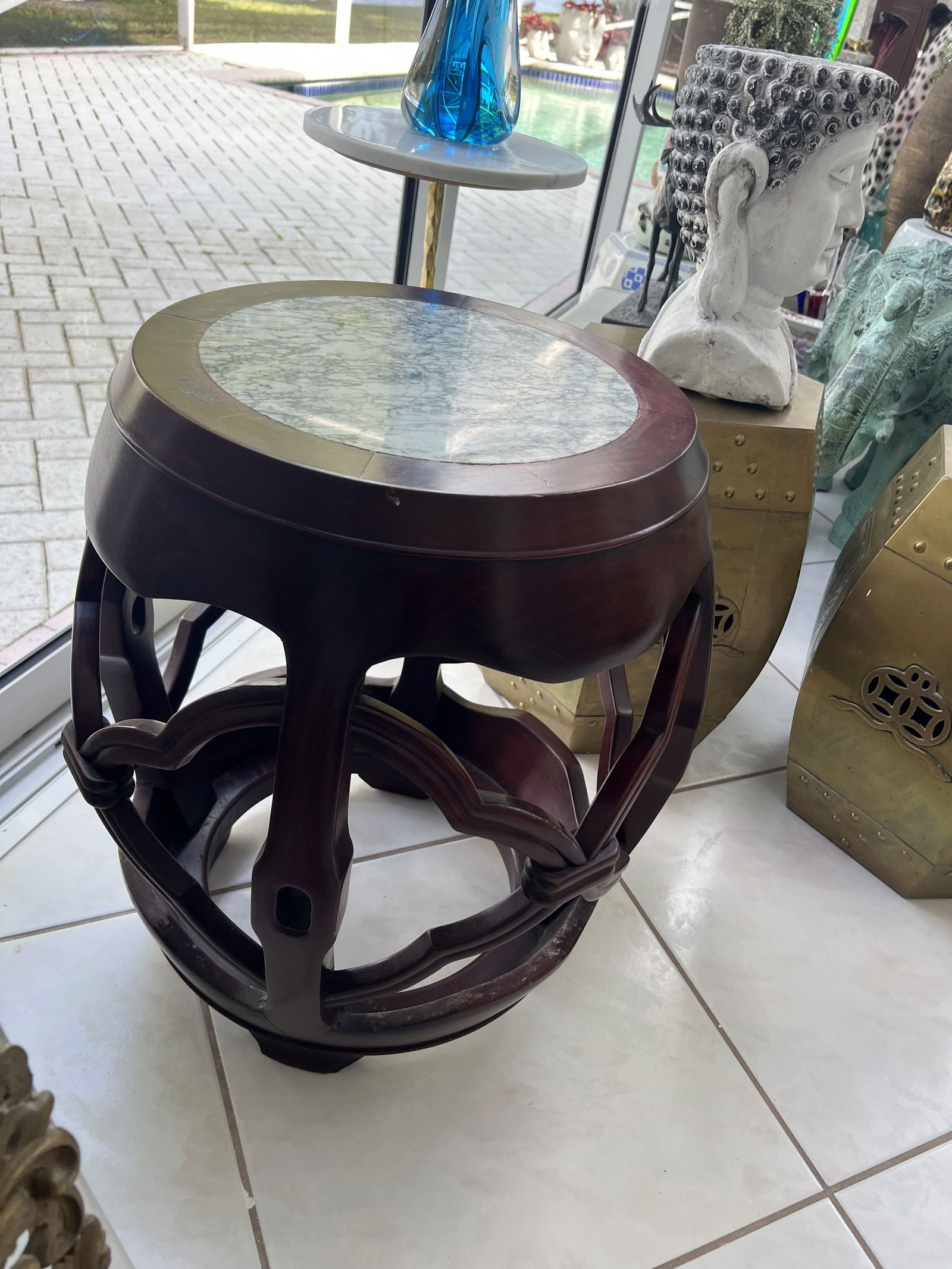 Chinese Hard Wood Marble Top Stand Barrel Stool - 5