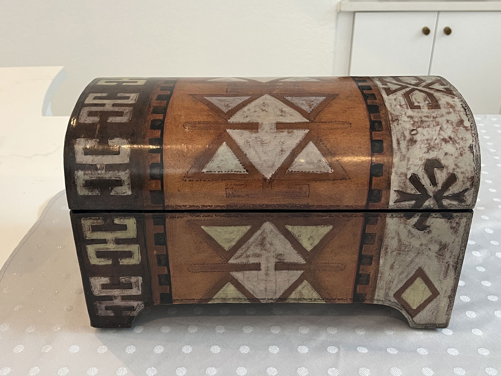Vintage Moroccan Domed Box: Moorish with geometric patterns. Dimensions: H 9" x W 14" x D 8" Condition: Only Minor wear. Low Estimate: 50.00High Estimate: 150.00