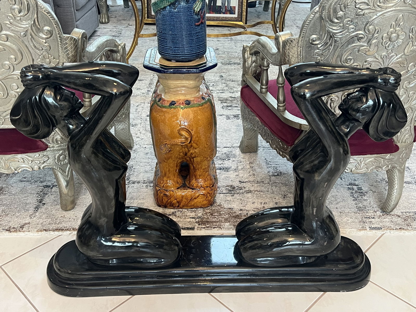 Black Art Deco Ladies Console Table: 1980's Art Deco style nymph or lady console or sofa back table, no glass included. Lacquered look, composite material.With paper label under reading: United Pacific JSF Industries Ltd, North Carolina.