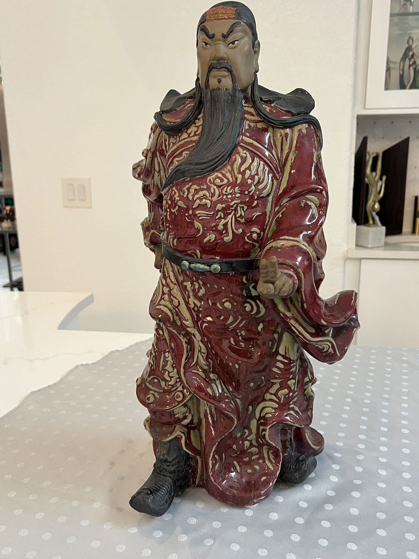 Large Chinese Shiwan God Mud Man Statue: Large sculpture, great detail. Measuring H 21" x W 12" x D 9" Condition: Only minor signs of age, no sword. Low Estimate: 150.00High Estimate: 250.00