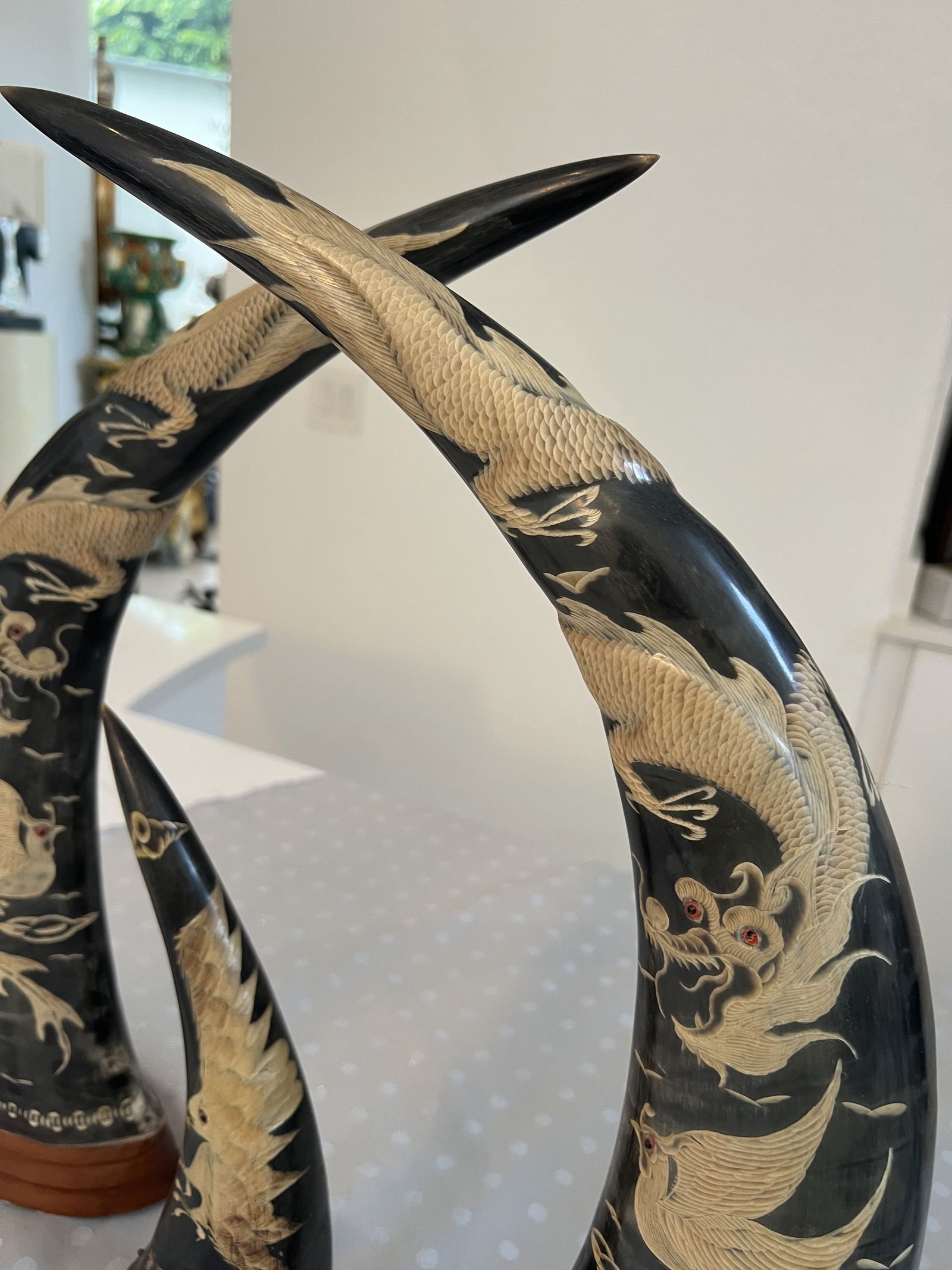 Vintage Carved Asian Water Buffalo Horns (3) - 5