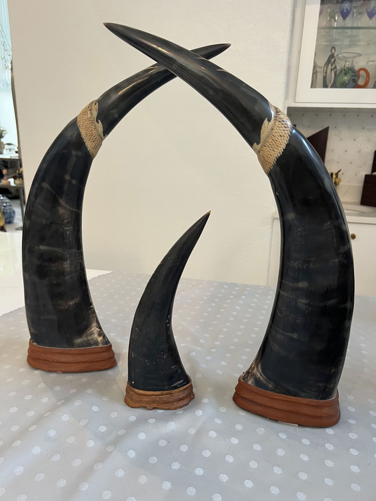 Vintage Carved Asian Water Buffalo Horns (3) - 6