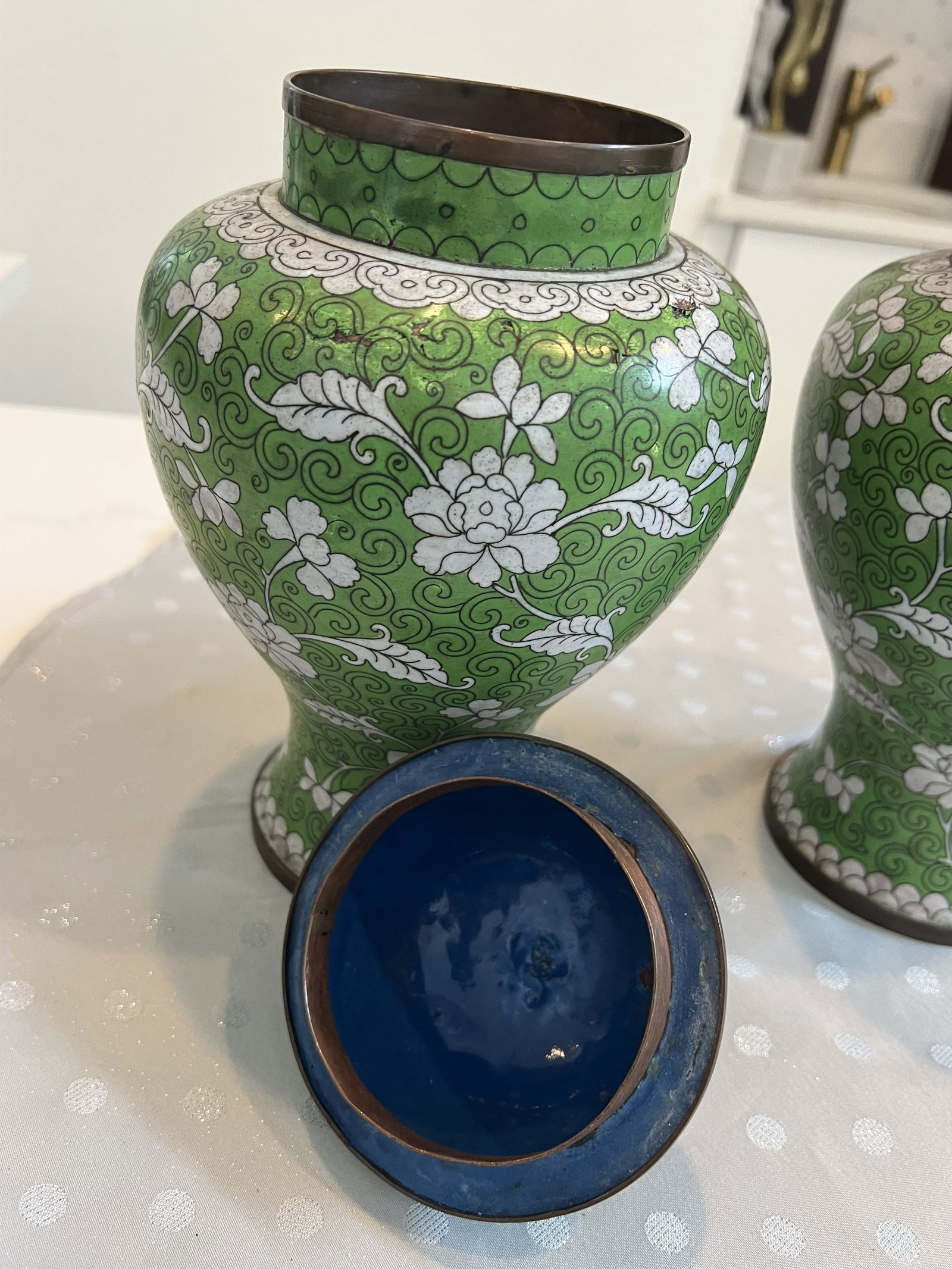 Pair of Green Cloisonne Covered Jars - 3