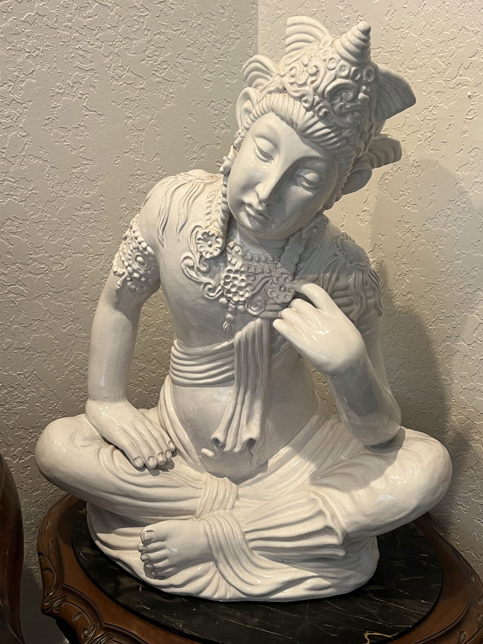 Large Italian White Thai Teppanom Goddess: Vintage MCM, heavy ceramic. Striking white cermaic or terra cotta statue. Marked Italy under. Dimensions: H 27.5" x W 22" x D 13" Condition: Minor crazing lines, normal vintage condition Low