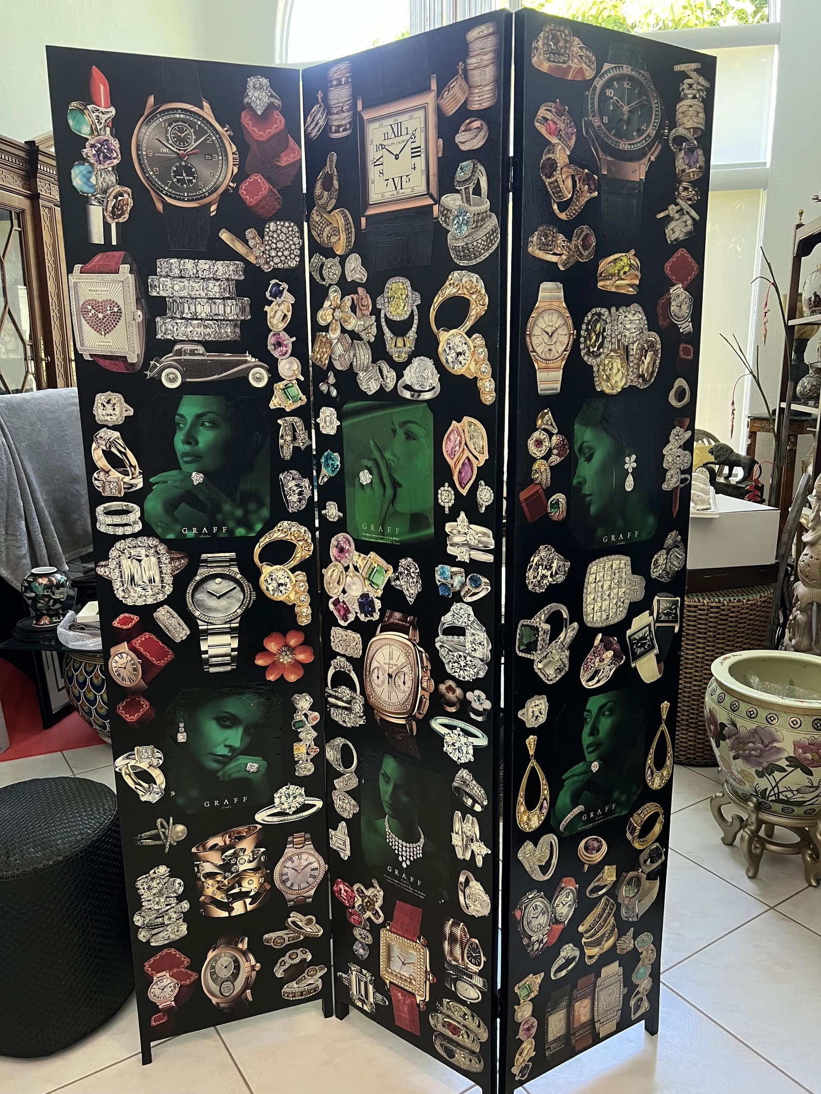 Victorian Style Designer Decoupage Screen Jewels: Room divider or screen. High fashion jewelry and watches with stunning black background and decoupage designer jewels. Victorian style scrap screen made for Palm Beach. Couture designers like Graff,