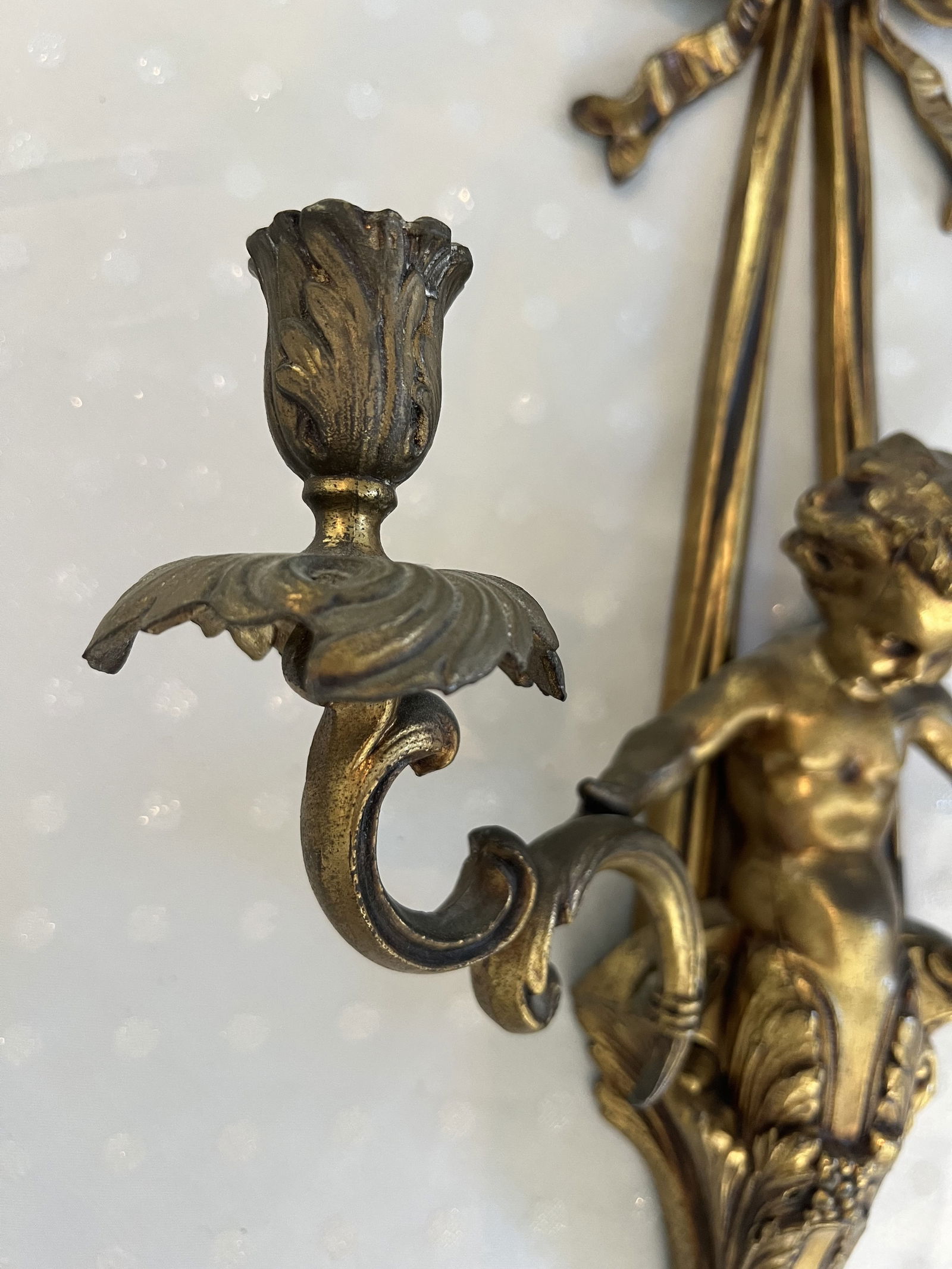 Vintage French Louis XVI Style Cherub Putti Wall Sconce - 3