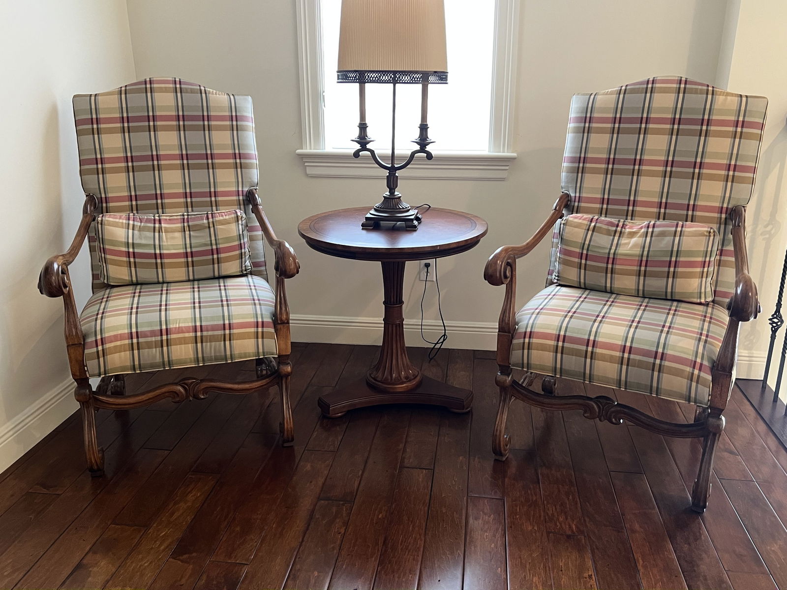 Pair of French Country Style Plaid Armchairs: A pair of chairs by Woodmark, a Howard Miller Company. A lovely country color satin upholstery with solid wood. Dimensions: H 48" x W 29" x D 27" Condition: Very minor marks to fabric. Low
