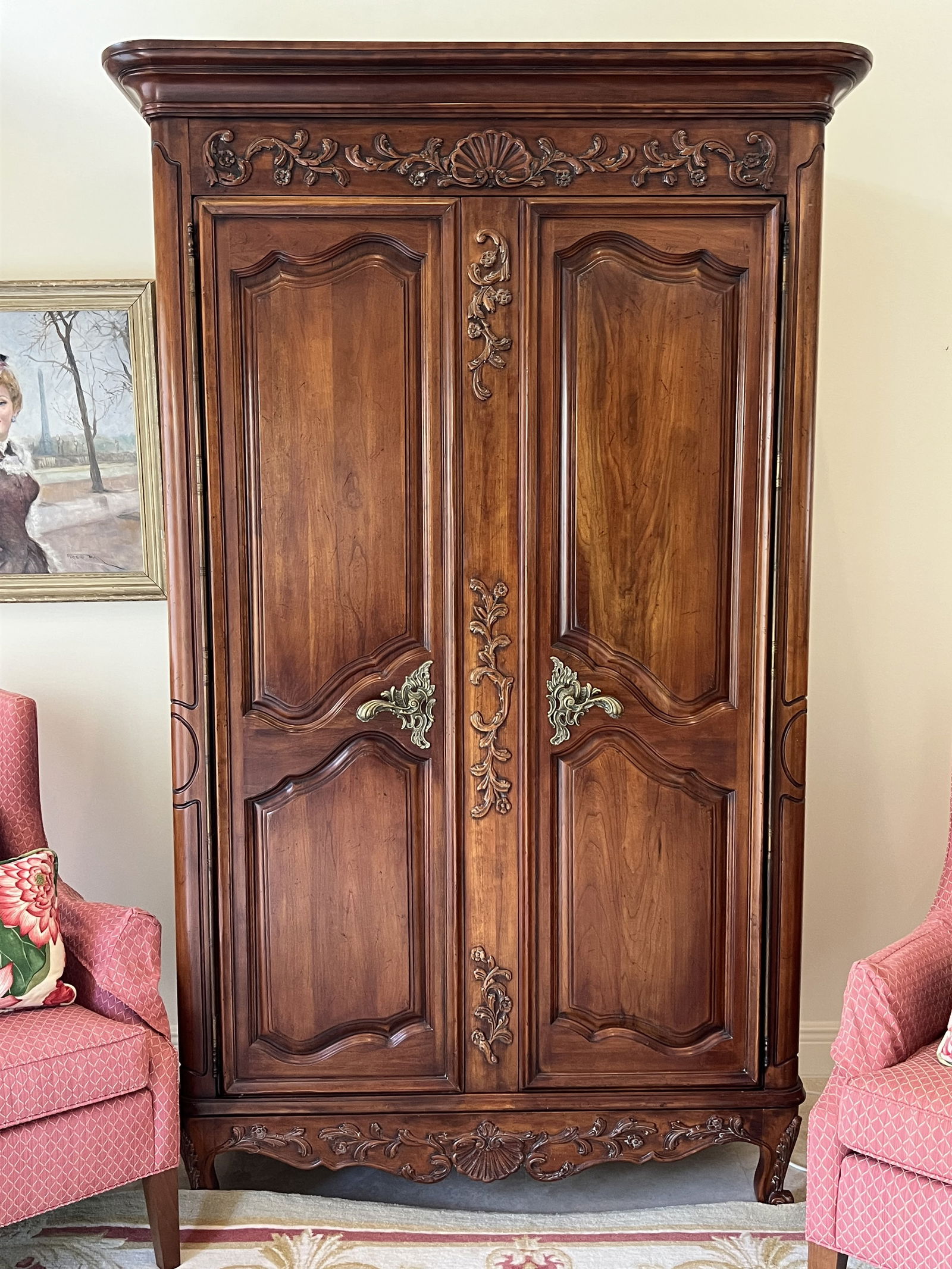 French Provincial Armoire: THIS ITEM MUST BE PICKED UP BY PROFESSIONAL MOVERS. It is located on the second floor and will be a challenge to move. A solid wood, quality French Provincial TV armoire. Dimensions: H 85" x W 48" x D