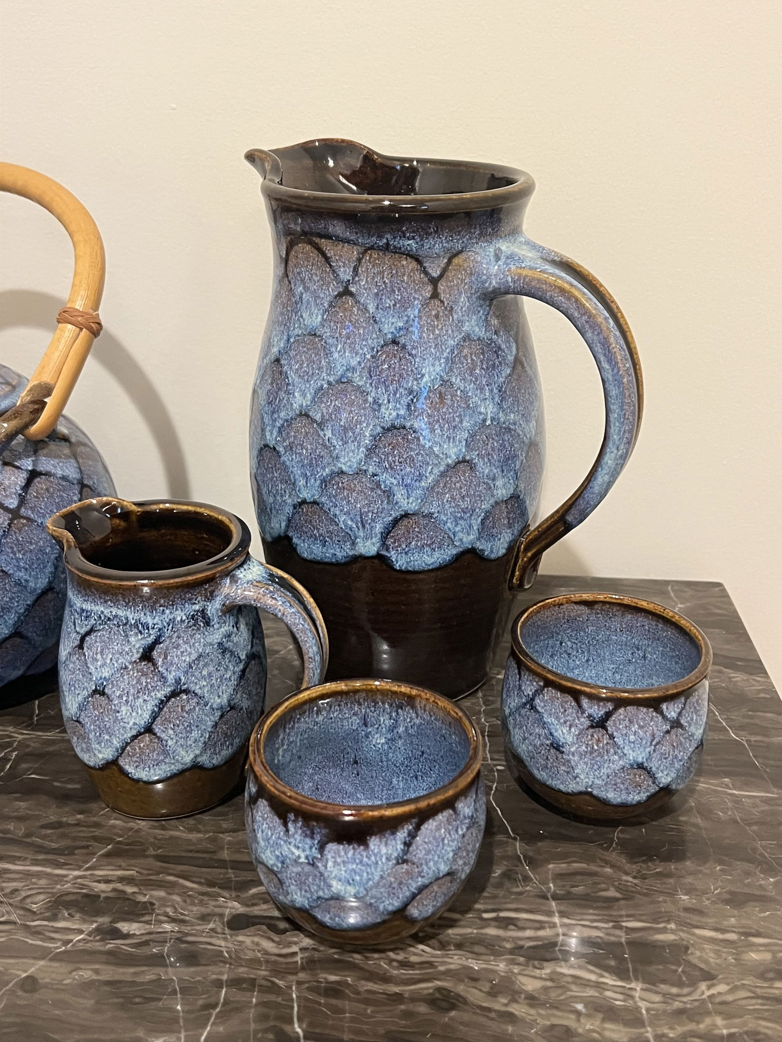Dotson Pottery Fish Scale Blue Glaze Pottery Lot - 2