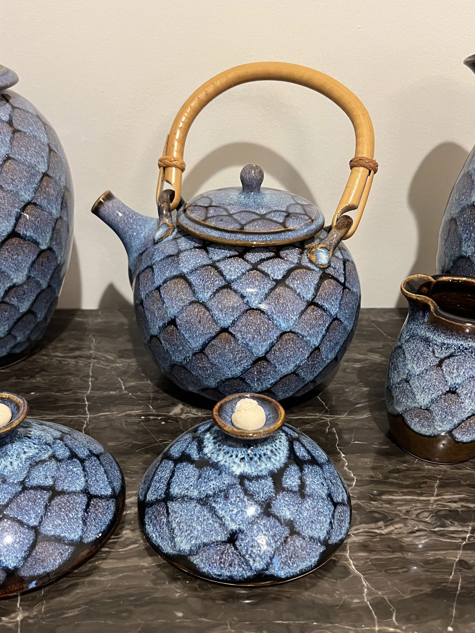 Dotson Pottery Fish Scale Blue Glaze Pottery Lot - 3