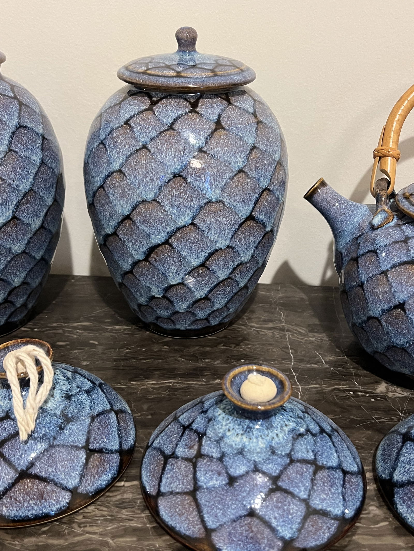 Dotson Pottery Fish Scale Blue Glaze Pottery Lot - 4