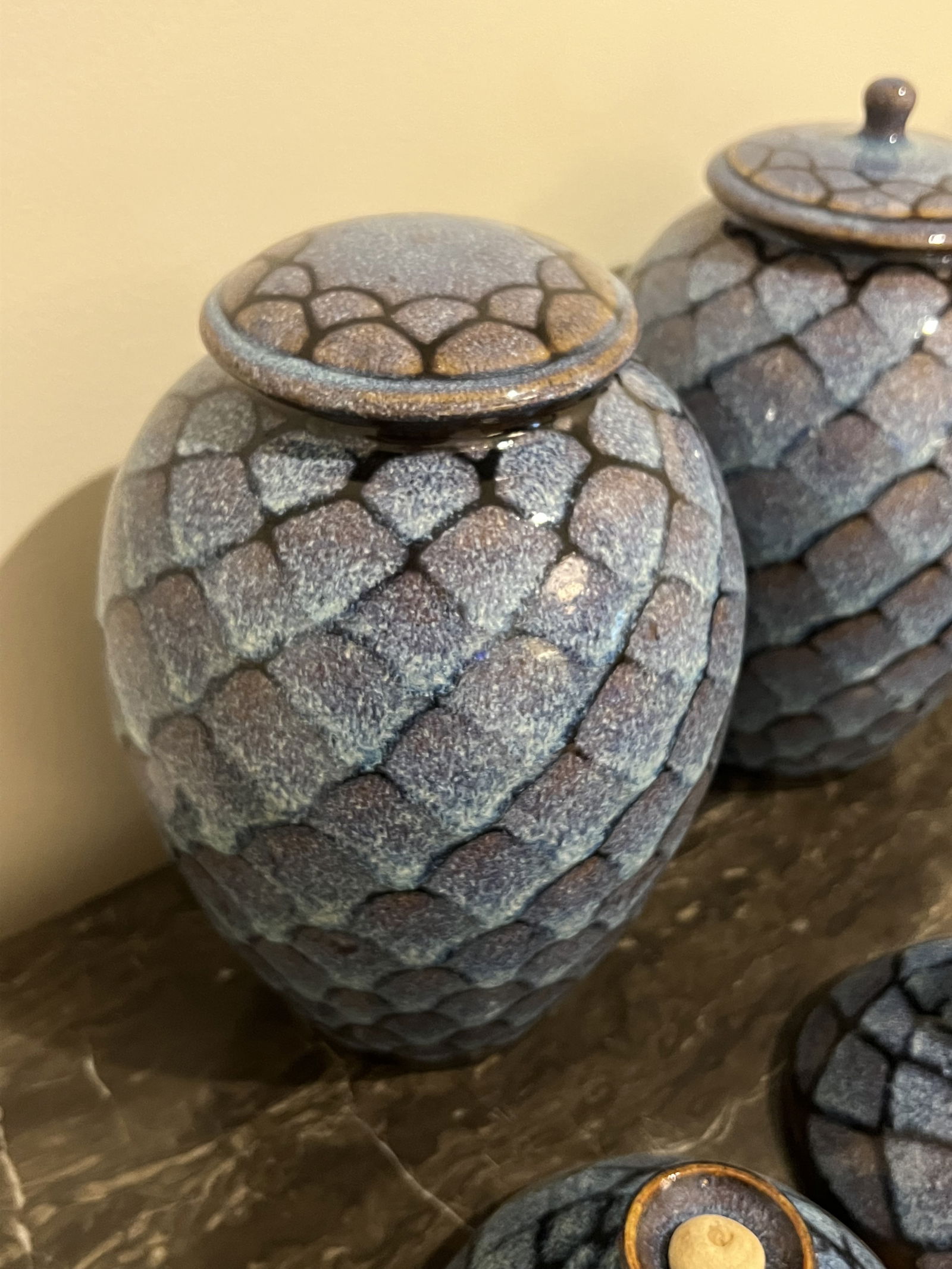 Dotson Pottery Fish Scale Blue Glaze Pottery Lot - 6