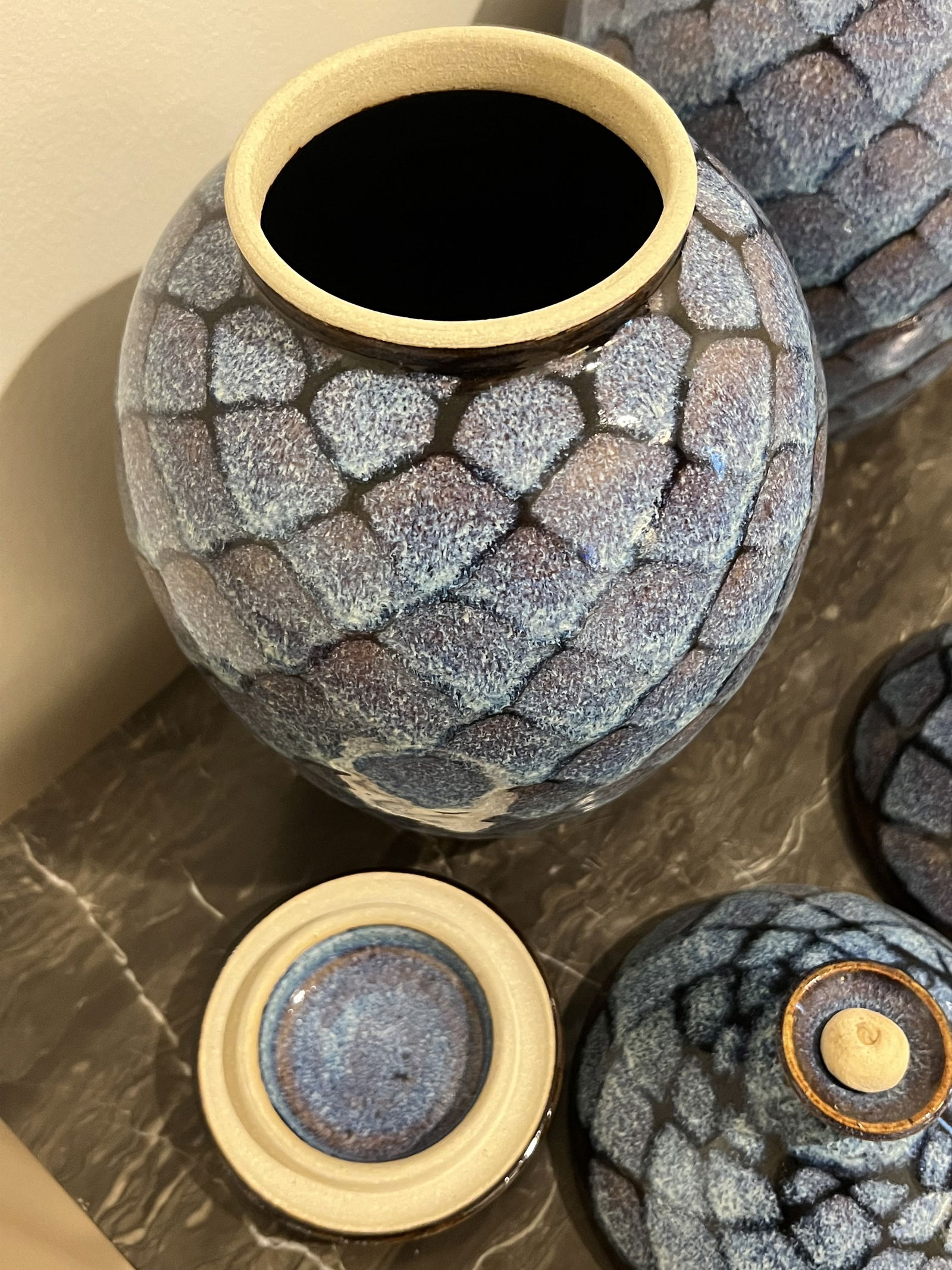 Dotson Pottery Fish Scale Blue Glaze Pottery Lot - 7