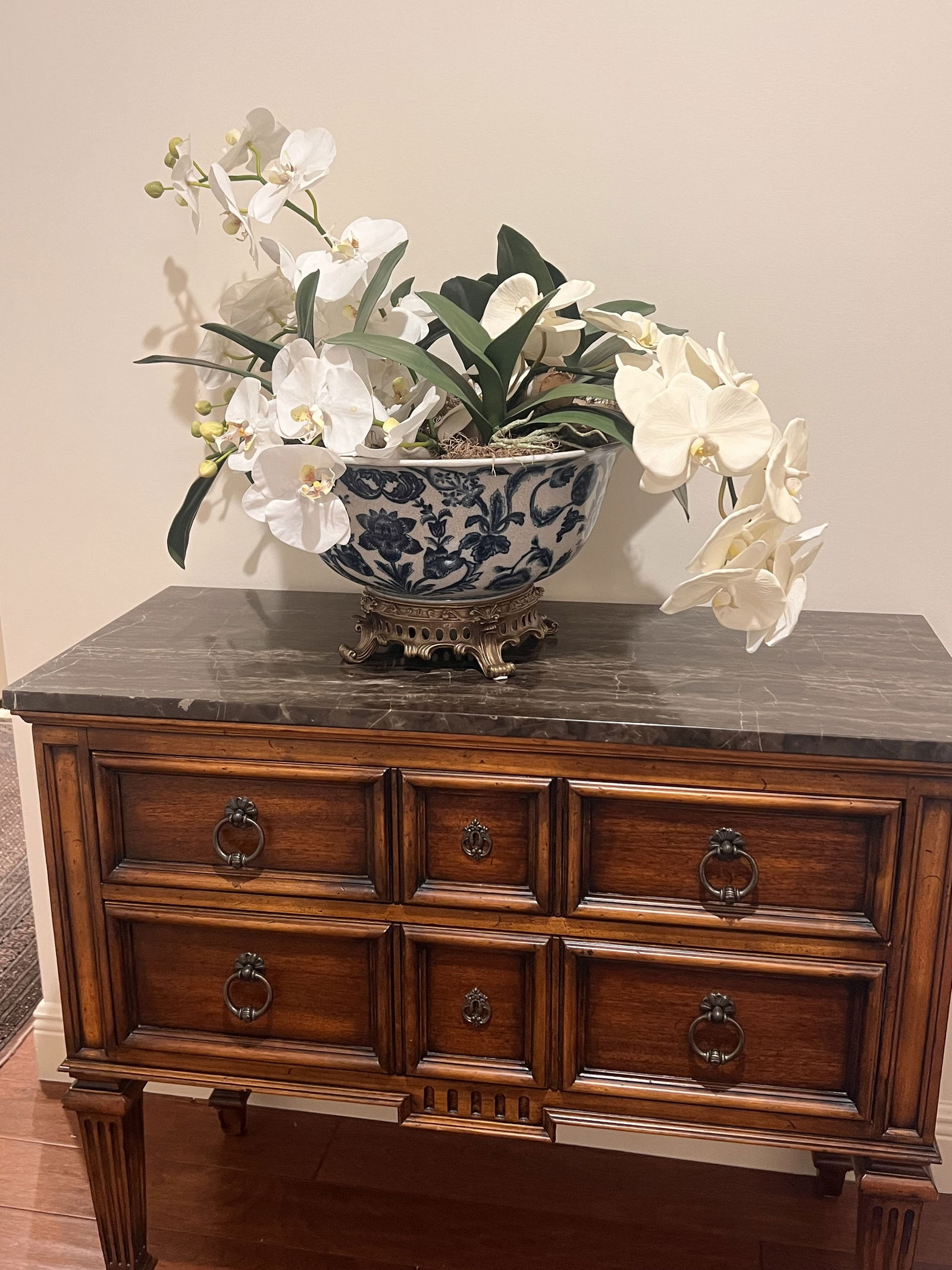 Large Blue and White Chinese Style Centerpiece Bowl with Orchids - 2